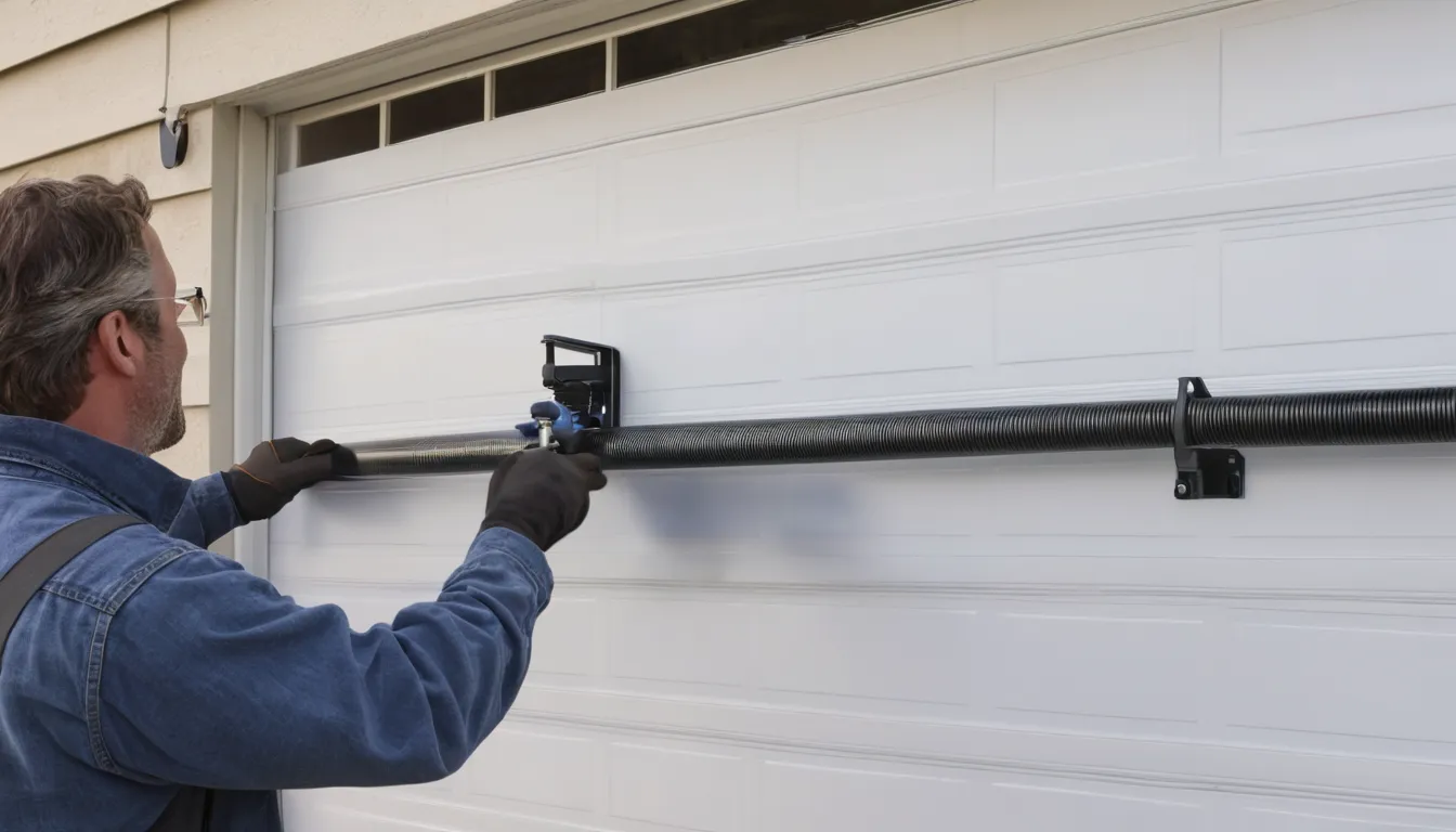 A garage door provider inspecting a spring and track in the Annapolis area